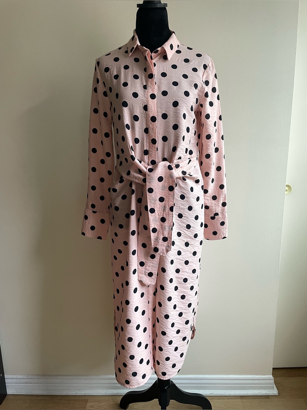 LCW Modest Pink Black Polka Dot Shirt Dress Long Sleeve Belted EU 36 S